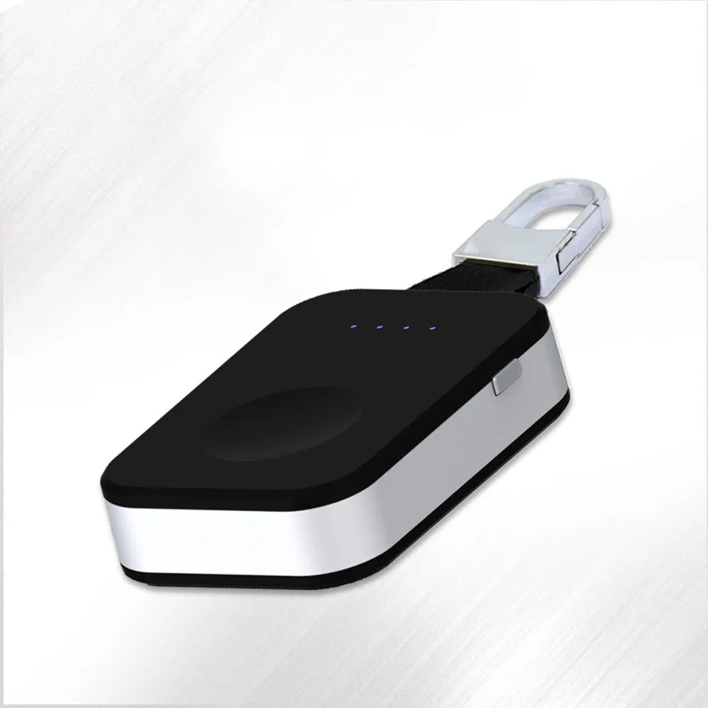 Black ABS keychain wireless power bank for Apple Watch charging on the go.