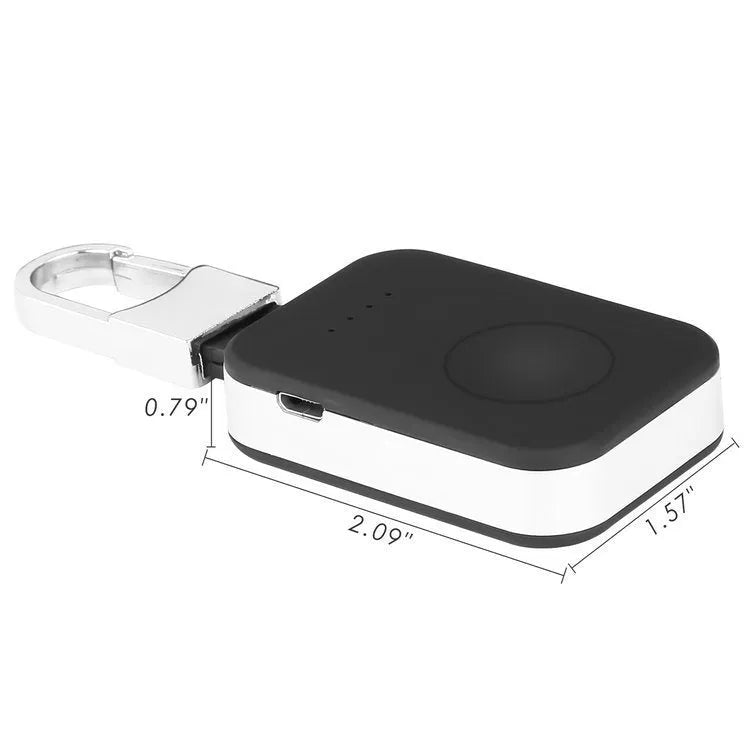 Black ABS keychain wireless power bank for Apple Watch charging on the go.