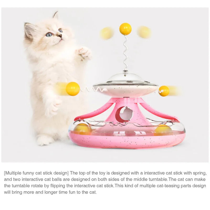Cat tumbler track toy with transparent turntable, cat balls, and funny cat sticks on a 250mm plastic base