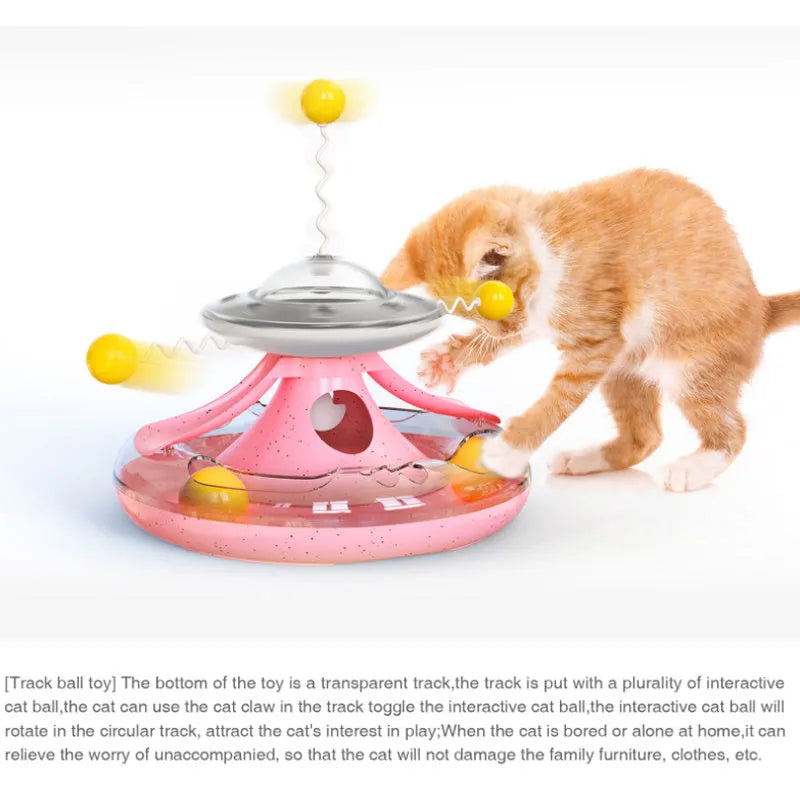 Cat tumbler track toy with transparent turntable, cat balls, and funny cat sticks on a 250mm plastic base
