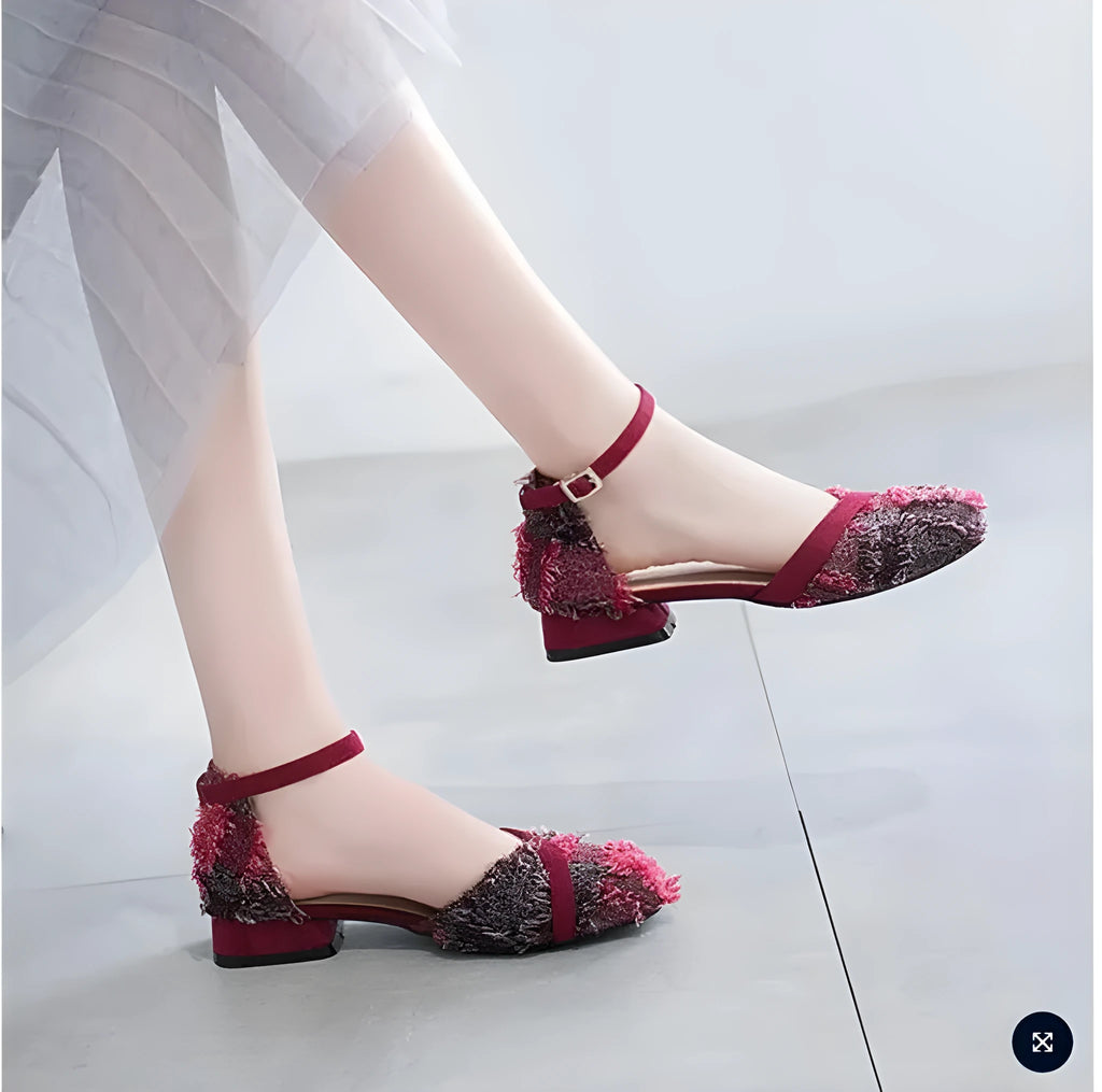 Women's apricot suede D'Orsay flat shoes with an ankle strap and a low 3cm heel on a plain background.