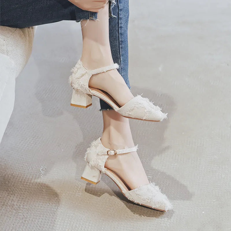 Women's apricot suede D'Orsay flat shoes with an ankle strap and a low 3cm heel on a plain background.