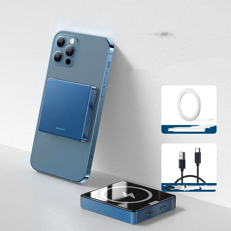 Blue MagSafe-compatible wireless power bank with 10000mAh battery next to an iPhone