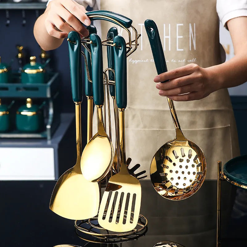 7-piece stainless steel silicone kitchen utensil set including slotted spatula, turner, ladle, spoon, and pasta server