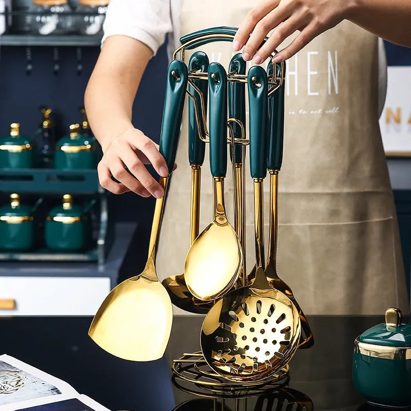 7-piece stainless steel silicone kitchen utensil set including slotted spatula, turner, ladle, spoon, and pasta server