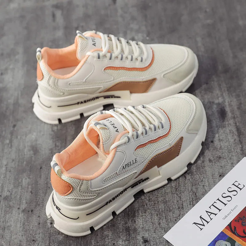 Women's casual mesh sports shoes in white with lace-up fastening and round toe