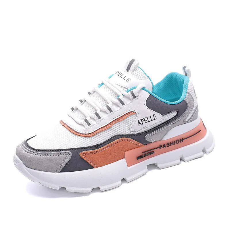 Women's casual mesh sports shoes in white with lace-up fastening and round toe