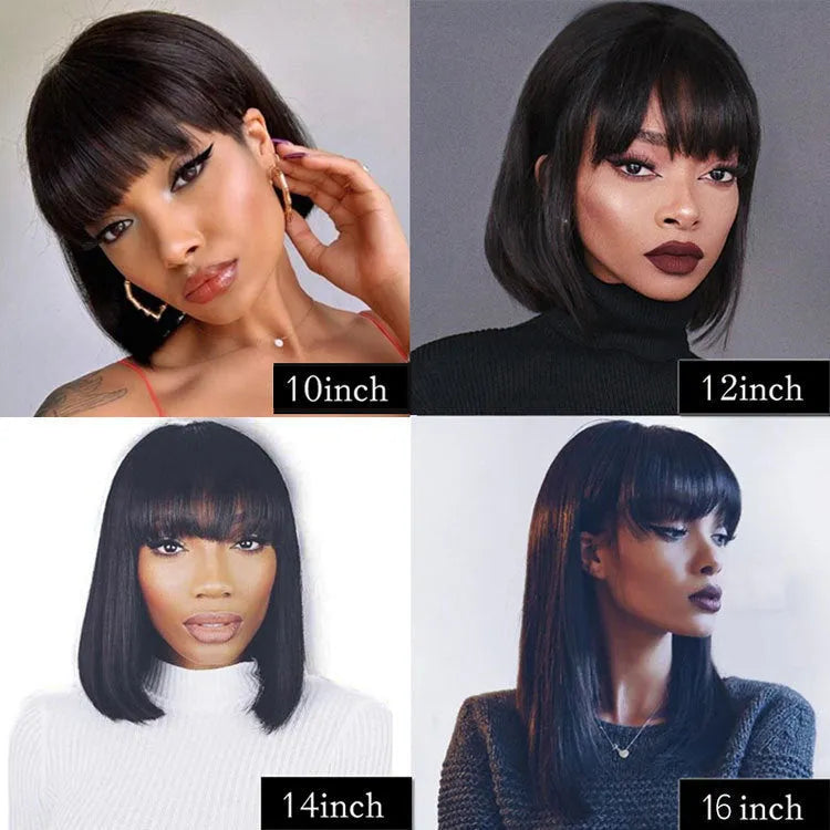 A Black human hair wig with short to medium length on an adjustable 10-inch wig cap.