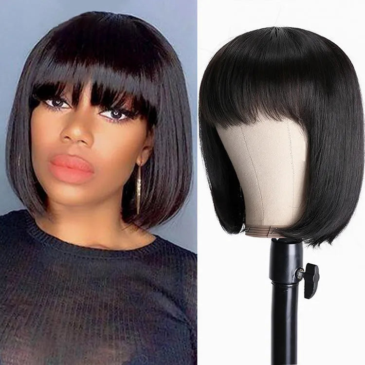 A Black human hair wig with short to medium length on an adjustable 10-inch wig cap.