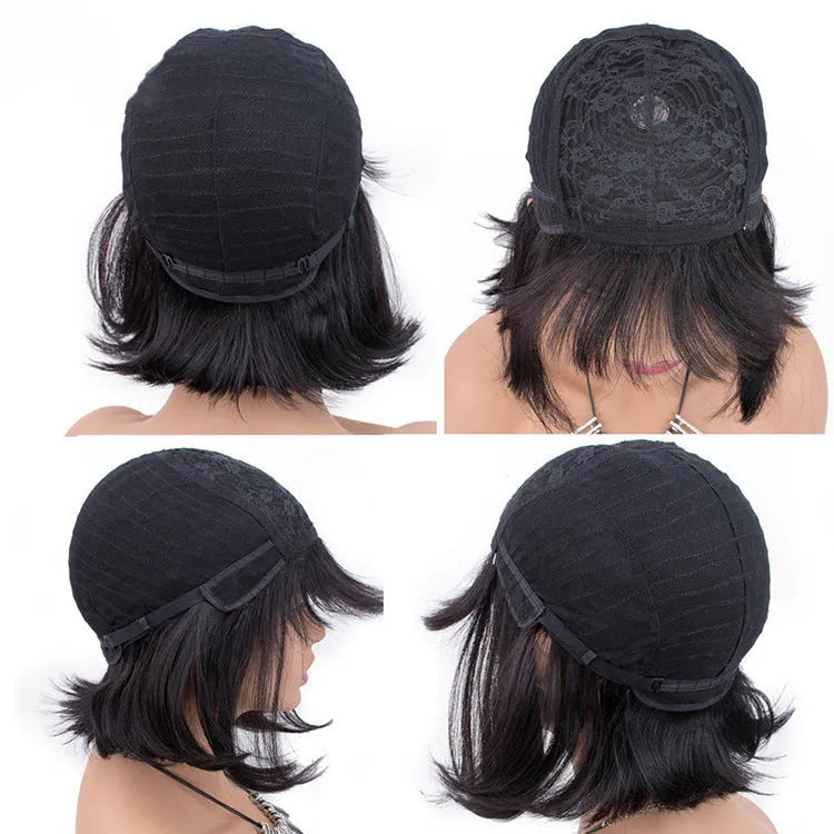 A Black human hair wig with short to medium length on an adjustable 10-inch wig cap.