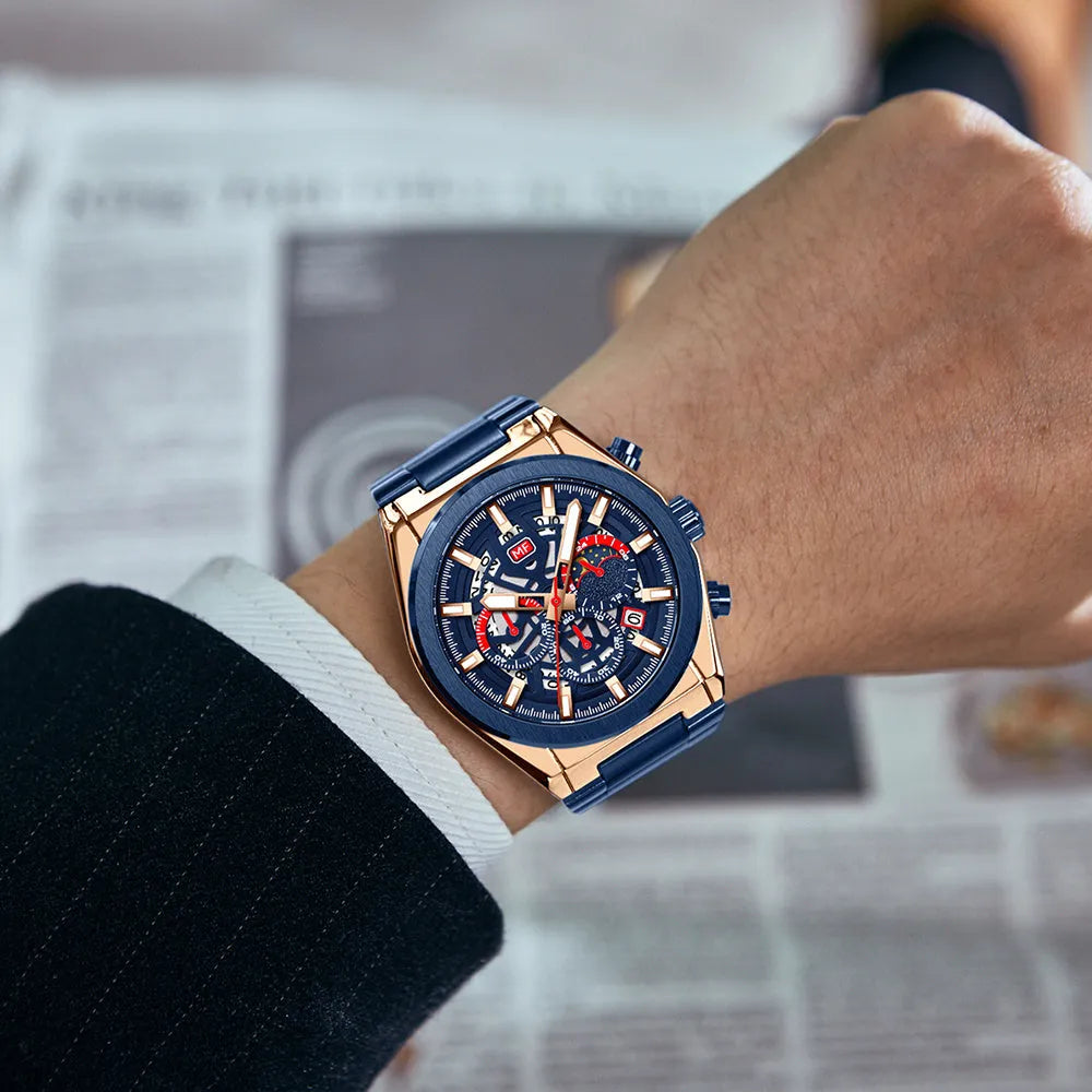 Men's business watch with quartz movement, luminous dial, calendar, 35.5mm diameter, and 30M waterproof rating