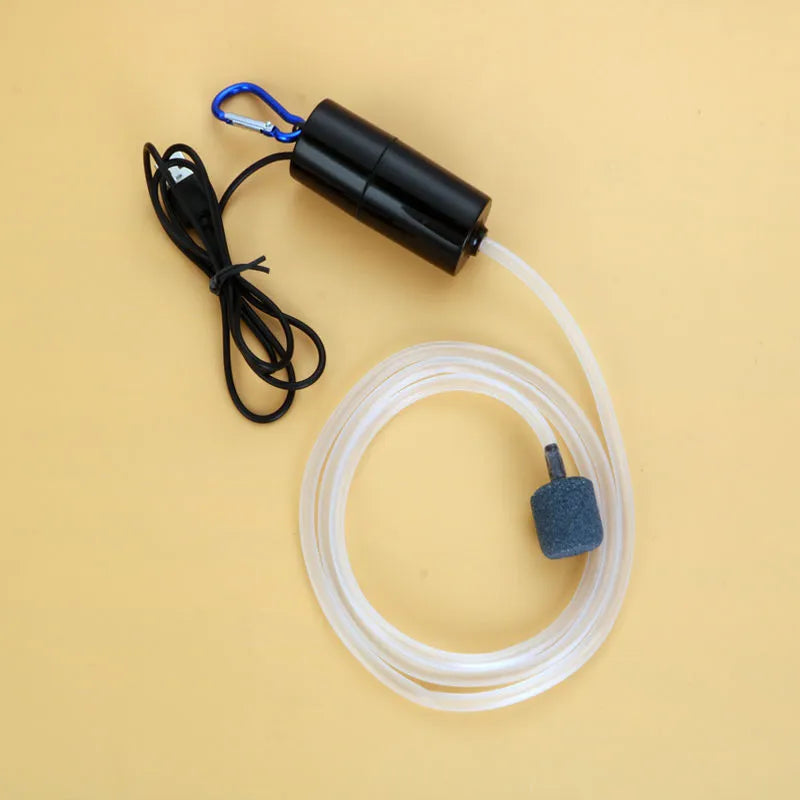 Mini USB aquarium oxygen air pump 2W in black with 100cm cable and air hose