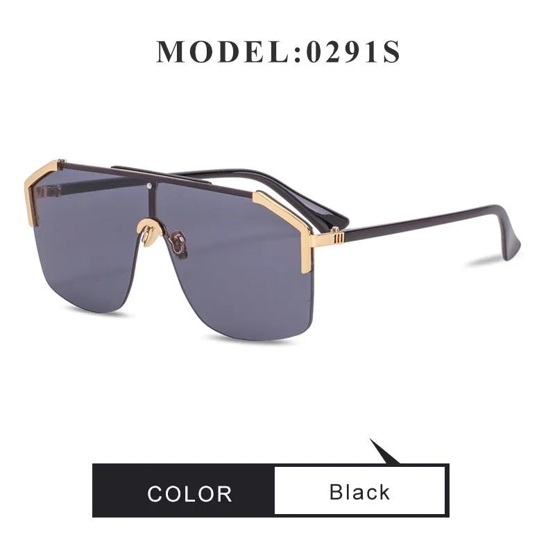 Women's metal frame sunglasses with PC lenses in gradient black, showing side view with lens and frame detail