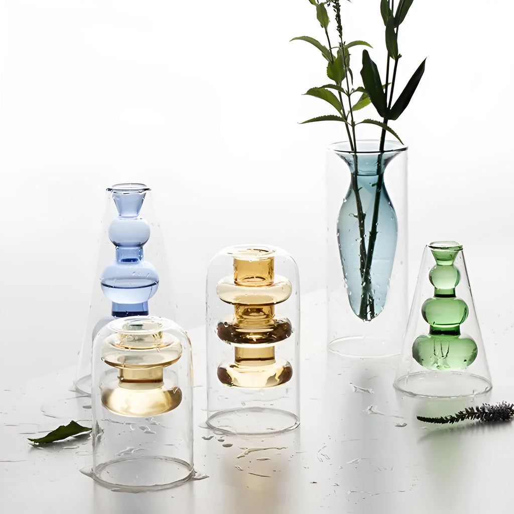 Small colourful double layer blown glass vase for dried flowers, yellow colour option on a table