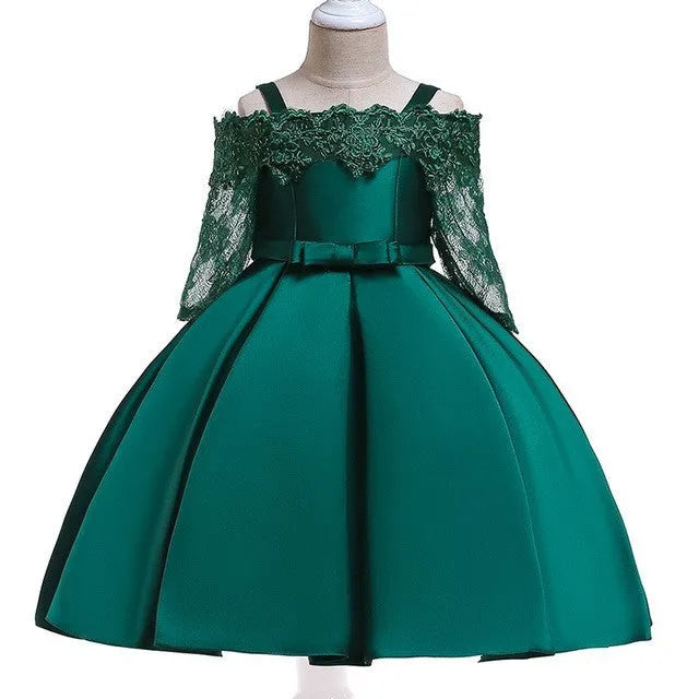 Girls' lace dress in polyester fabric available in dark red, pink, green, red and white colours