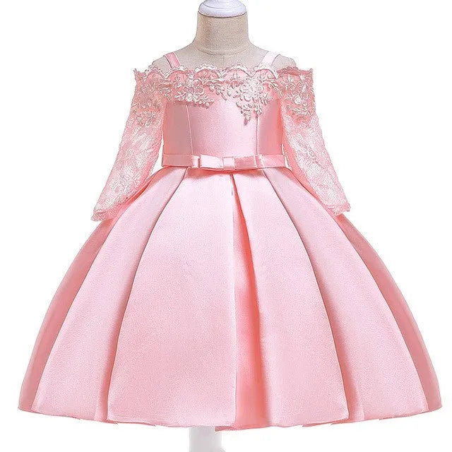 Girls' lace dress in polyester fabric available in dark red, pink, green, red and white colours