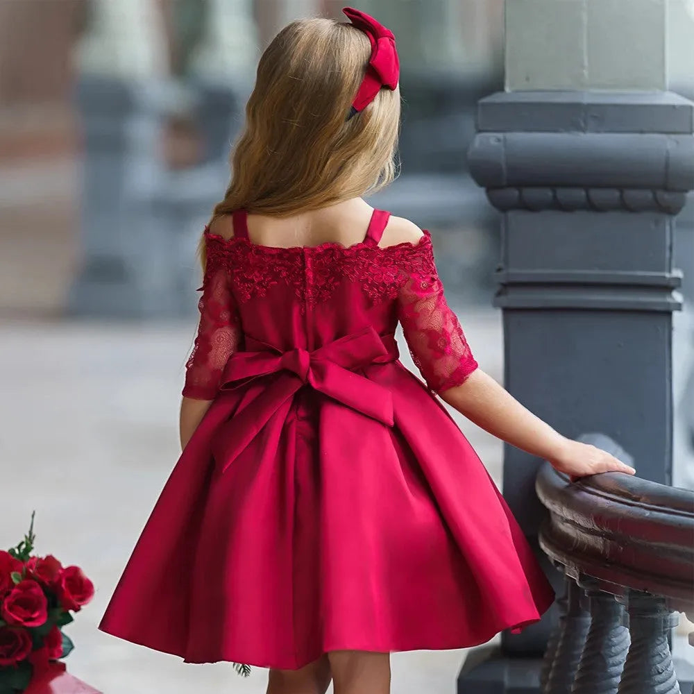 Girls' lace dress in polyester fabric available in dark red, pink, green, red and white colours