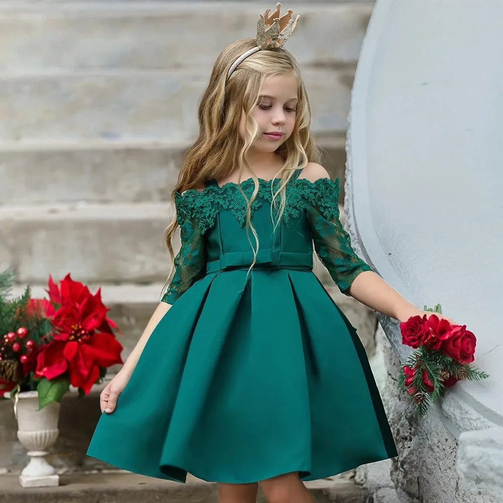 Girls' lace dress in polyester fabric available in dark red, pink, green, red and white colours