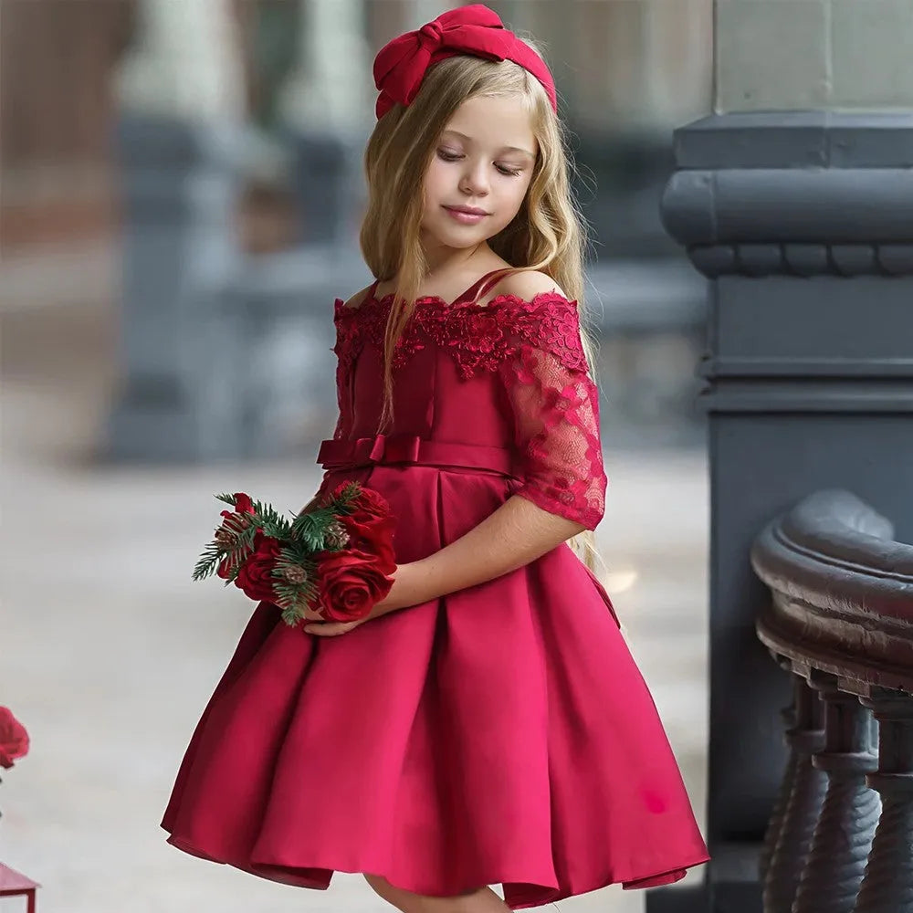 Girls' lace dress in polyester fabric available in dark red, pink, green, red and white colours