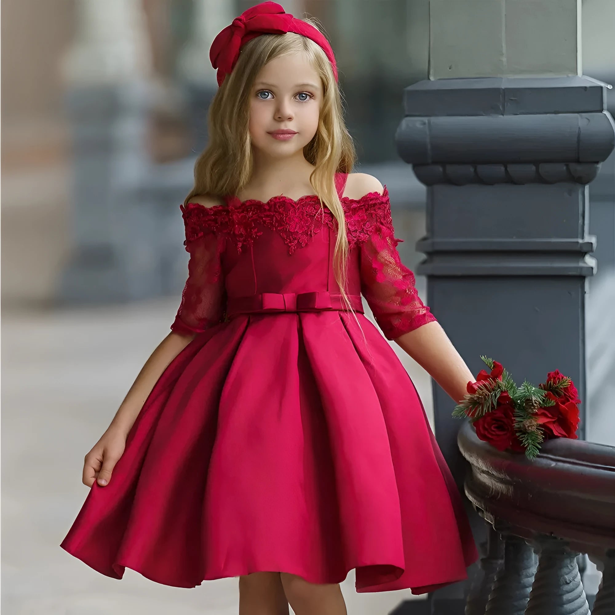Girls' lace dress in polyester fabric available in dark red, pink, green, red and white colours