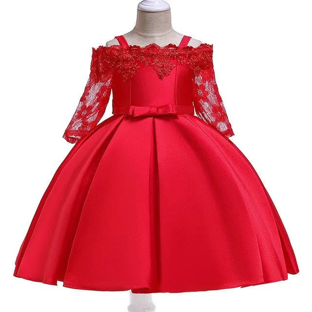 Girls' lace dress in polyester fabric available in dark red, pink, green, red and white colours