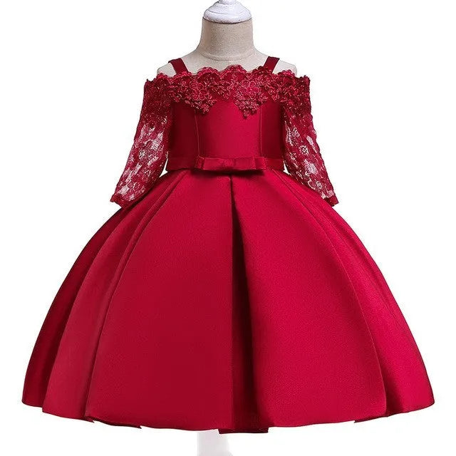 Girls' lace dress in polyester fabric available in dark red, pink, green, red and white colours
