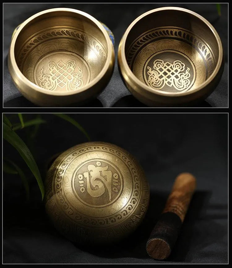 Handmade copper Buddha Sound Bowl with leather stick and auspicious knot design