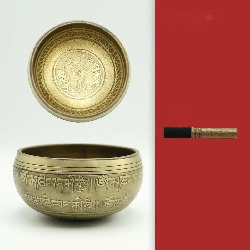 Handmade copper Buddha Sound Bowl with leather stick and auspicious knot design