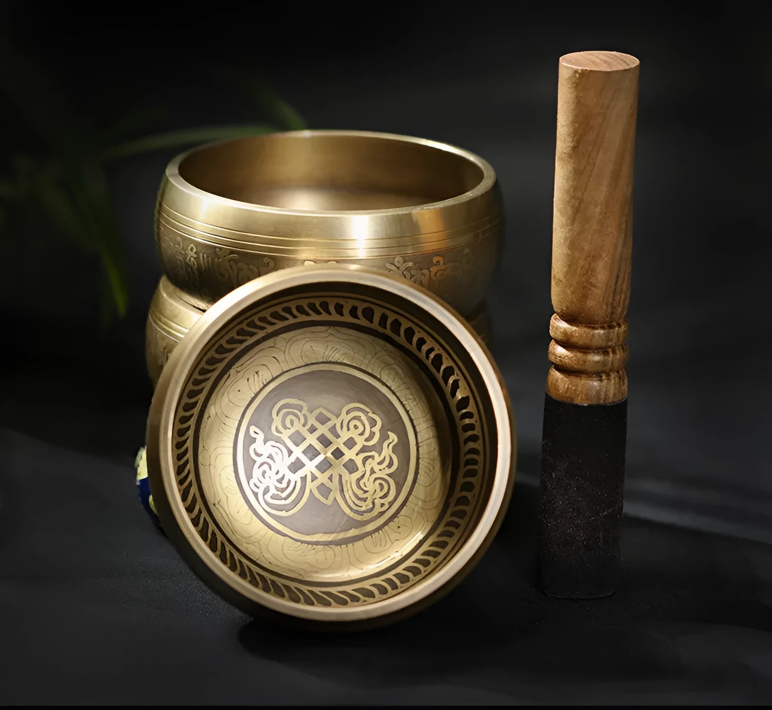Handmade copper Buddha Sound Bowl with leather stick and auspicious knot design