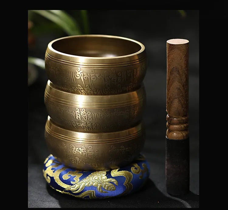 Handmade copper Buddha Sound Bowl with leather stick and auspicious knot design