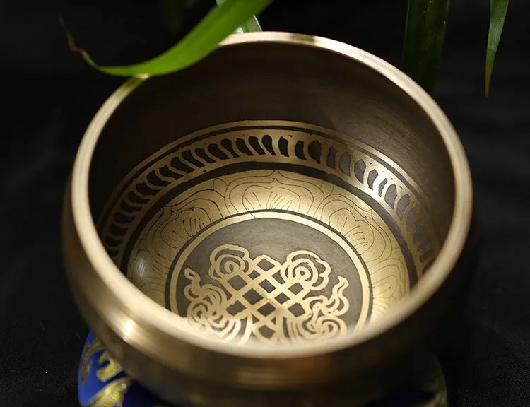Handmade copper Buddha Sound Bowl with leather stick and auspicious knot design