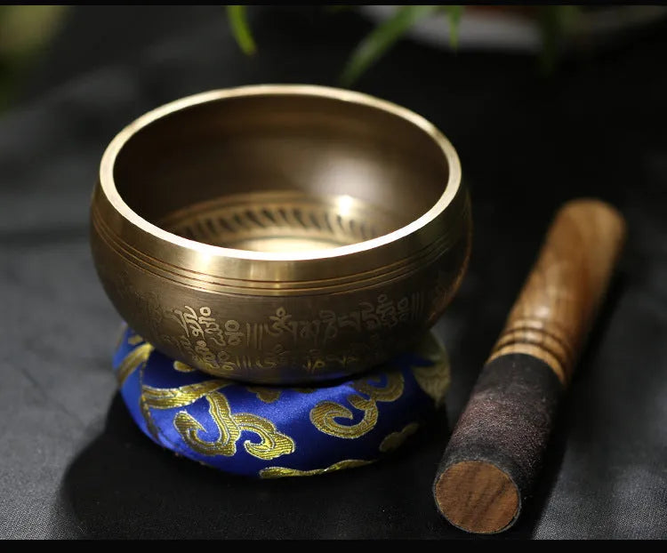 Handmade copper Buddha Sound Bowl with leather stick and auspicious knot design