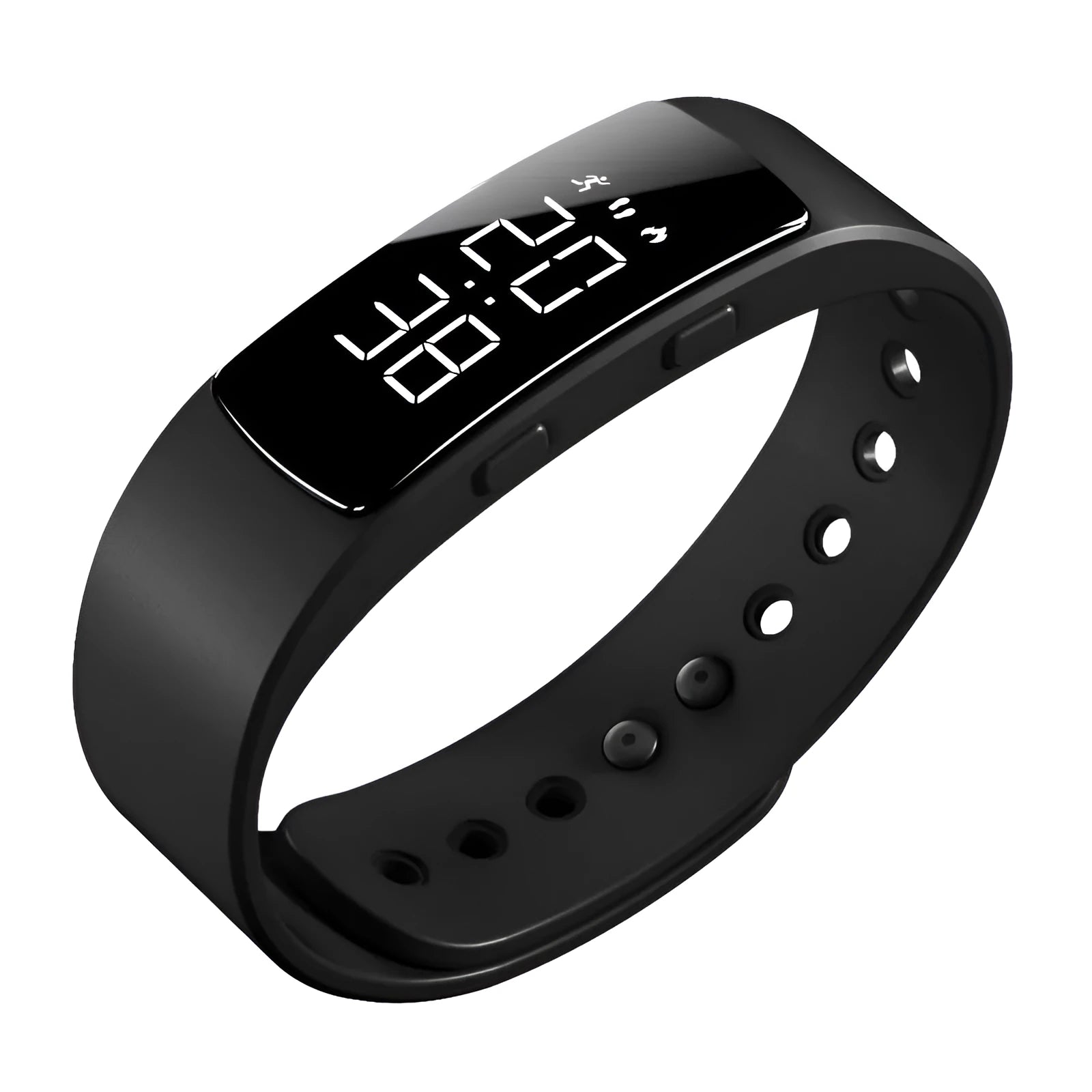 Digital sports watch with black dial, luminous display, and silicone strap showing 30m water resistance