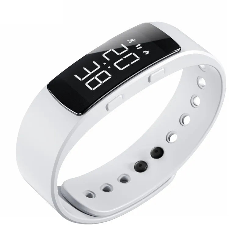 Digital sports watch with black dial, luminous display, and silicone strap showing 30m water resistance
