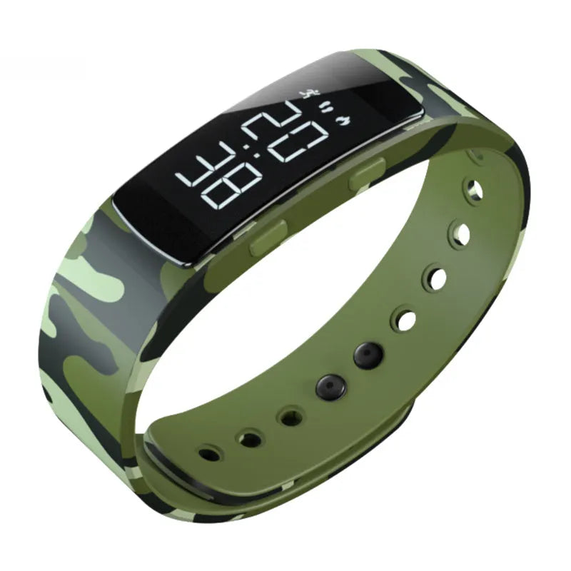 Digital sports watch with black dial, luminous display, and silicone strap showing 30m water resistance