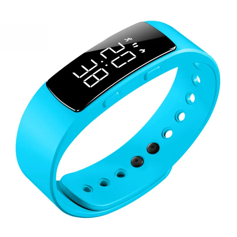Digital sports watch with black dial, luminous display, and silicone strap showing 30m water resistance