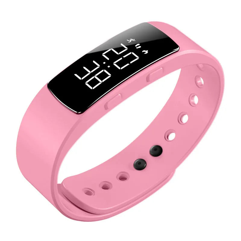 Digital sports watch with black dial, luminous display, and silicone strap showing 30m water resistance