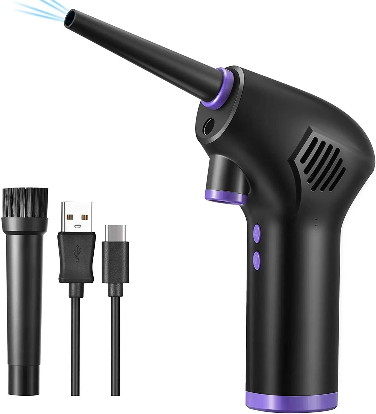 Black cordless air duster with full-palm grip and withdrawable nozzle for computer and camera cleaning