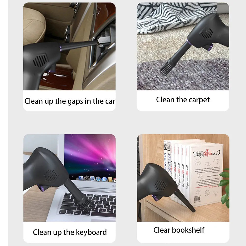 Black cordless air duster with full-palm grip and withdrawable nozzle for computer and camera cleaning