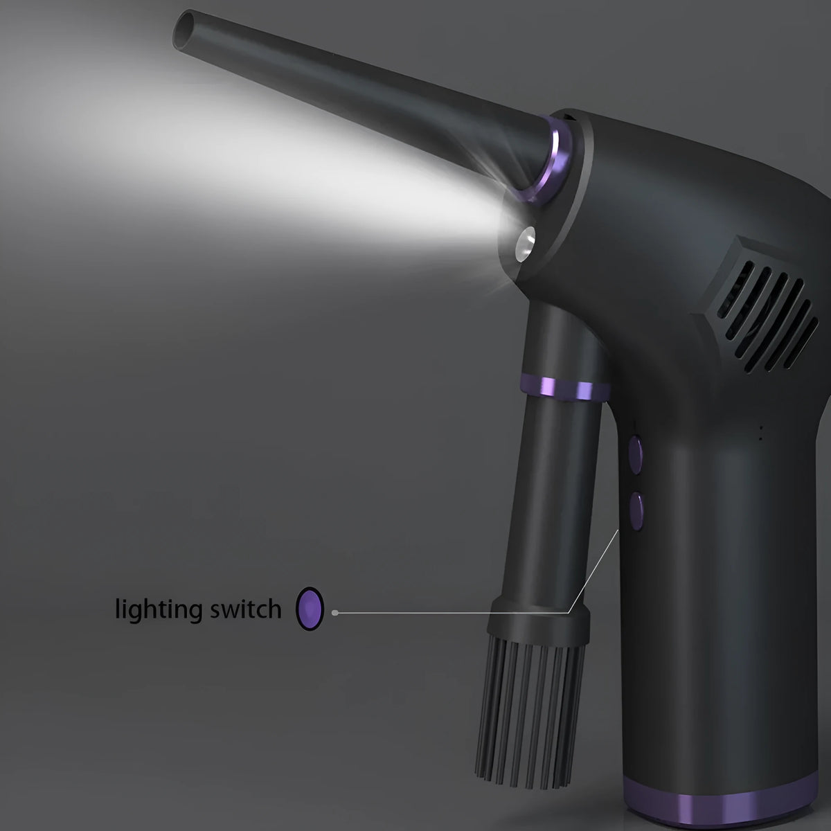 Black cordless air duster with full-palm grip and withdrawable nozzle for computer and camera cleaning