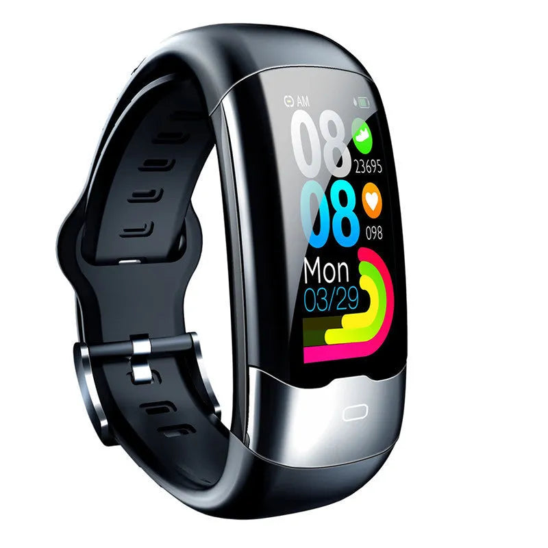 Smart fitness tracker bracelet with heart rate monitoring, waterproof design, available in black, blue, or red colours