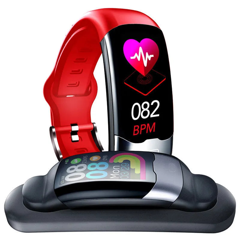 Smart fitness tracker bracelet with heart rate monitoring, waterproof design, available in black, blue, or red colours