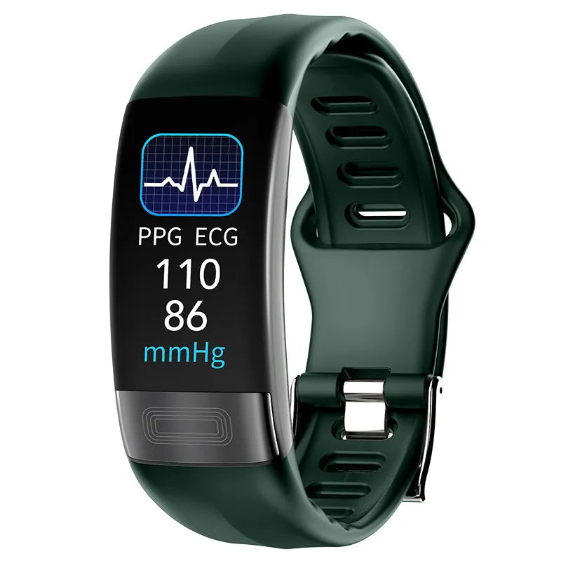 Smart health monitoring bracelet with touch screen displaying heart rate and ECG data on adjustable wristband