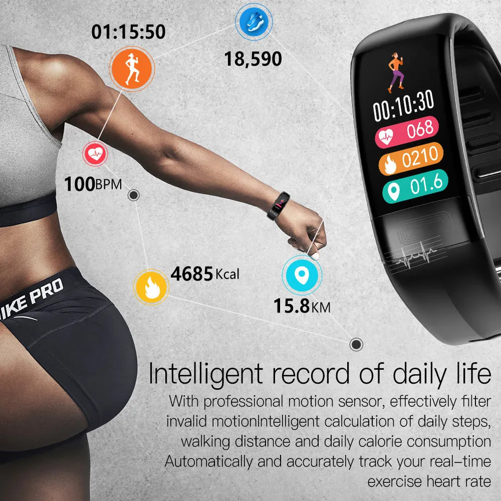 Smart health monitoring bracelet with touch screen displaying heart rate and ECG data on adjustable wristband