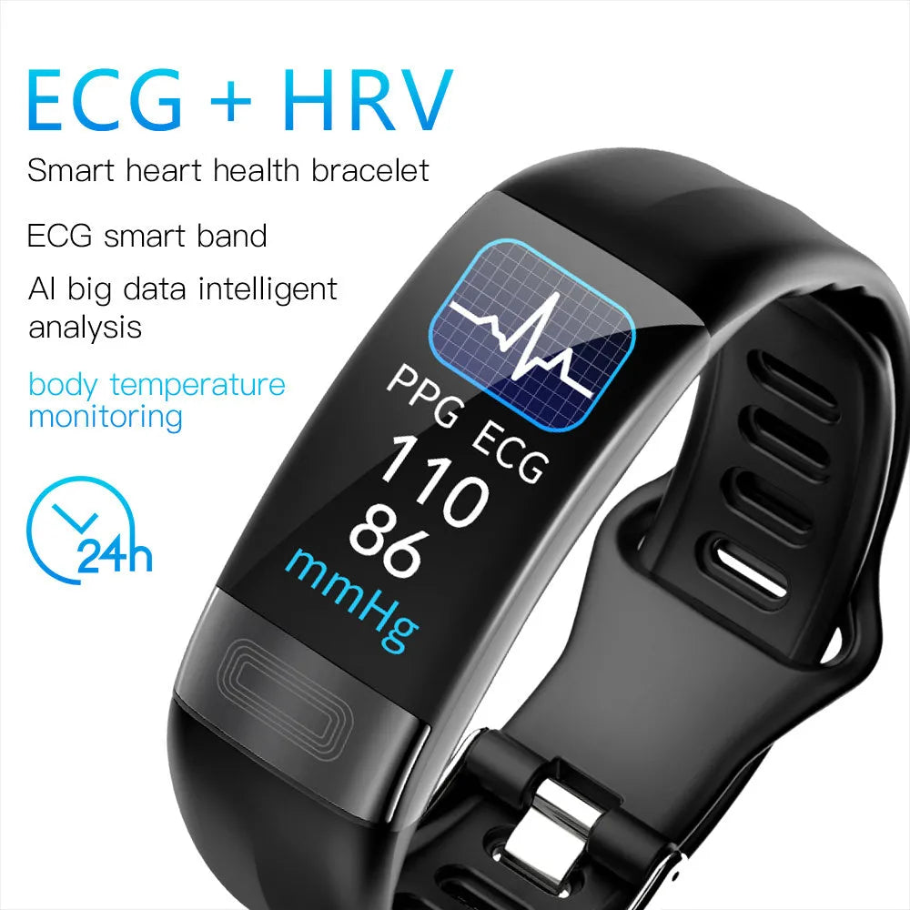 Smart health monitoring bracelet with touch screen displaying heart rate and ECG data on adjustable wristband