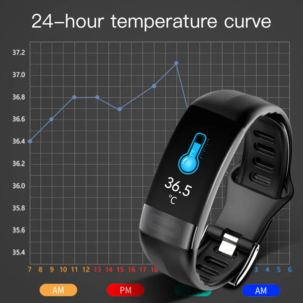 Smart health monitoring bracelet with touch screen displaying heart rate and ECG data on adjustable wristband