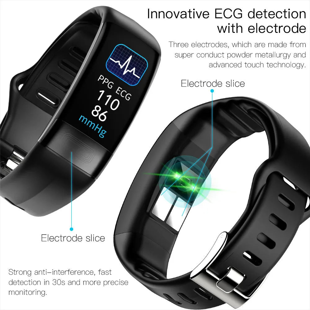 Smart health monitoring bracelet with touch screen displaying heart rate and ECG data on adjustable wristband