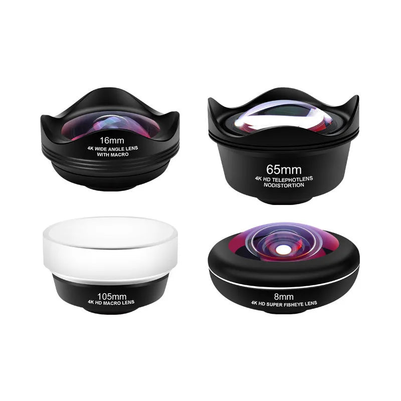 Factory direct mobile phone external lens kit showing independent wide-angle macro fisheye and portrait lenses
