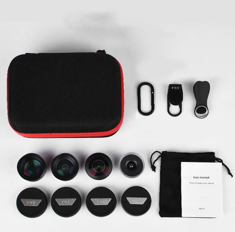 Factory direct mobile phone external lens kit showing independent wide-angle macro fisheye and portrait lenses