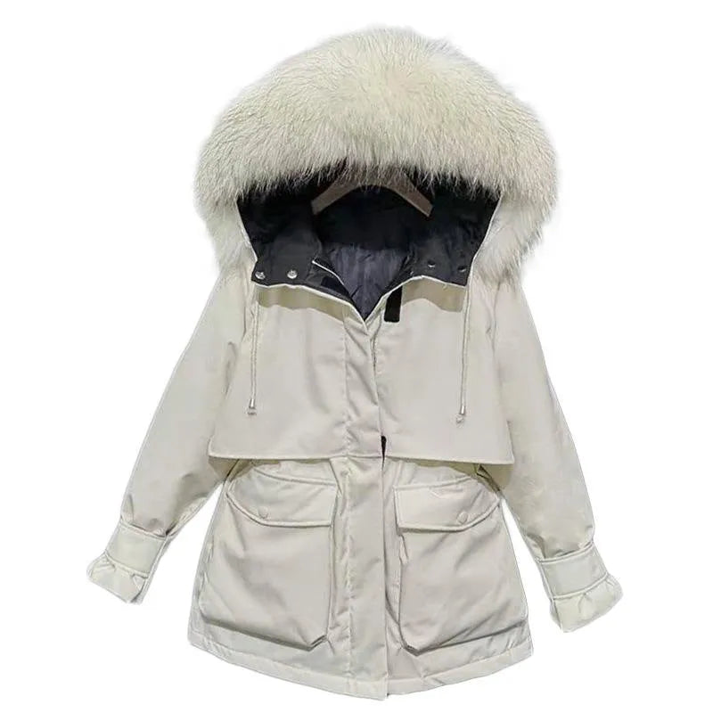 Fur collar down jacket with white duck down filling, hood, slim fit, available in five colours